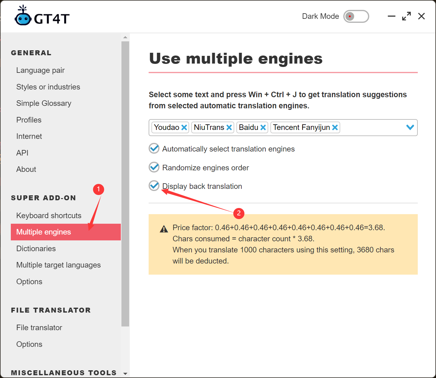 GT4T::Display back translation setting